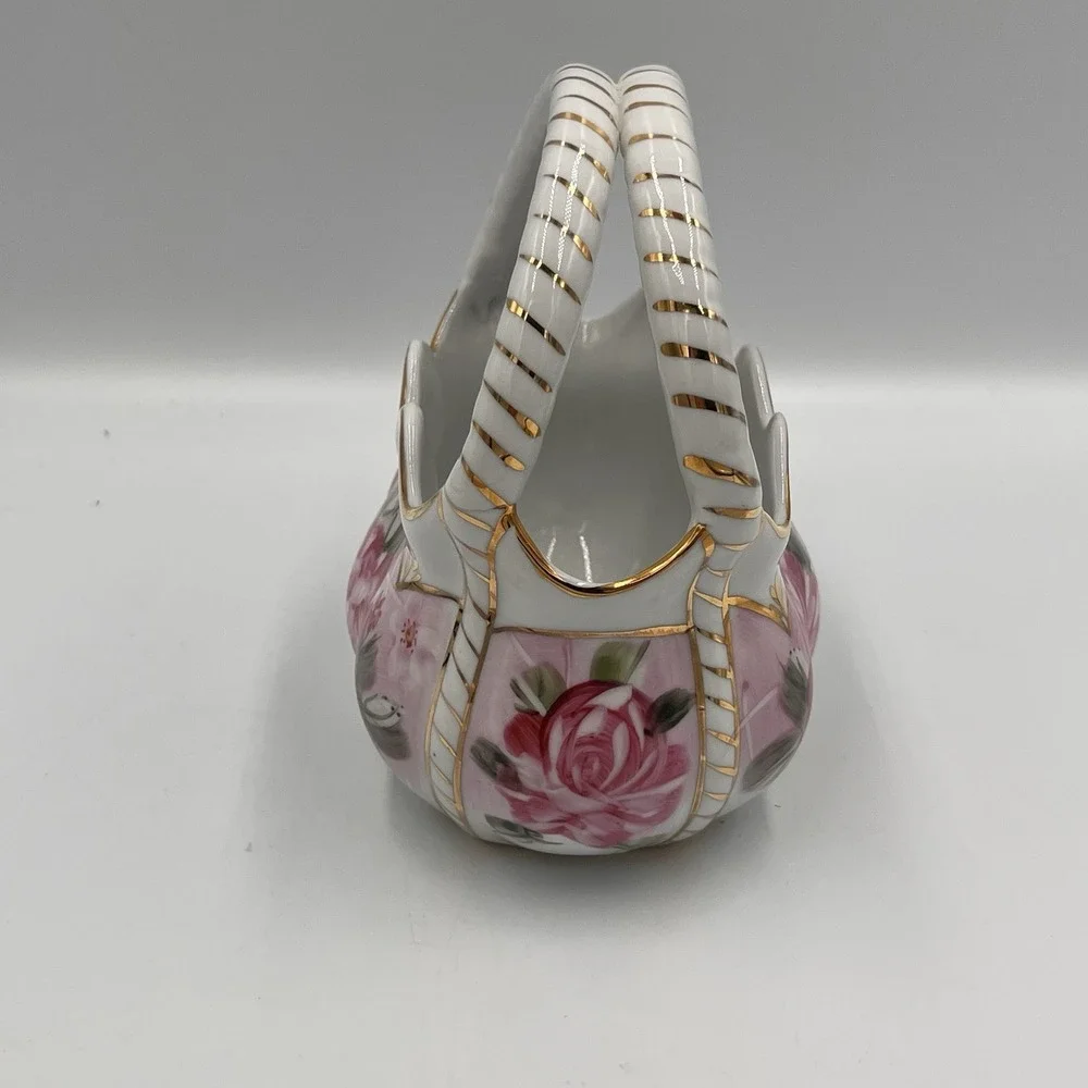 Vintage Formalities Painted Basket Vase Flowers Gold Trim Cottage Granny Core